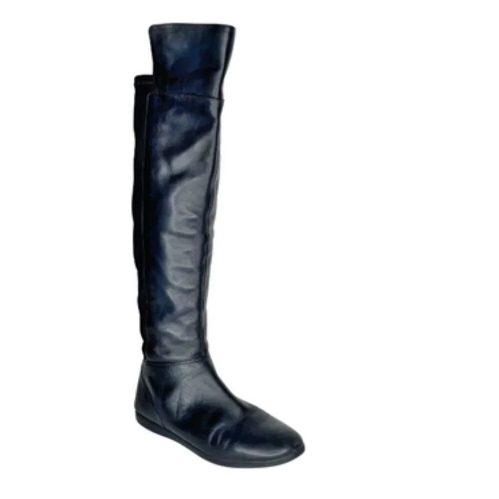 Nine West Cybercore Black Leather Flat Over The Knee Boots Size 7